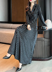 Slim Fit Black Notched Striped Maxi Dresses Long Sleeve