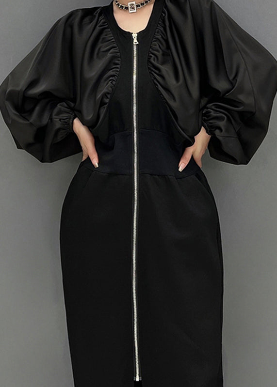 Slim Fit Black O-Neck Zippered Maxi Dress Fall