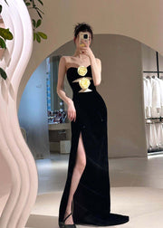 Slim Fit Black Side Open Patchwork Floral Cotton Dresses Vestidos Sleeveless