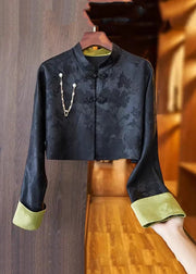 Slim Fit Black Stand Collar Embroidered Button Silk Linen Coat Long Sleeve