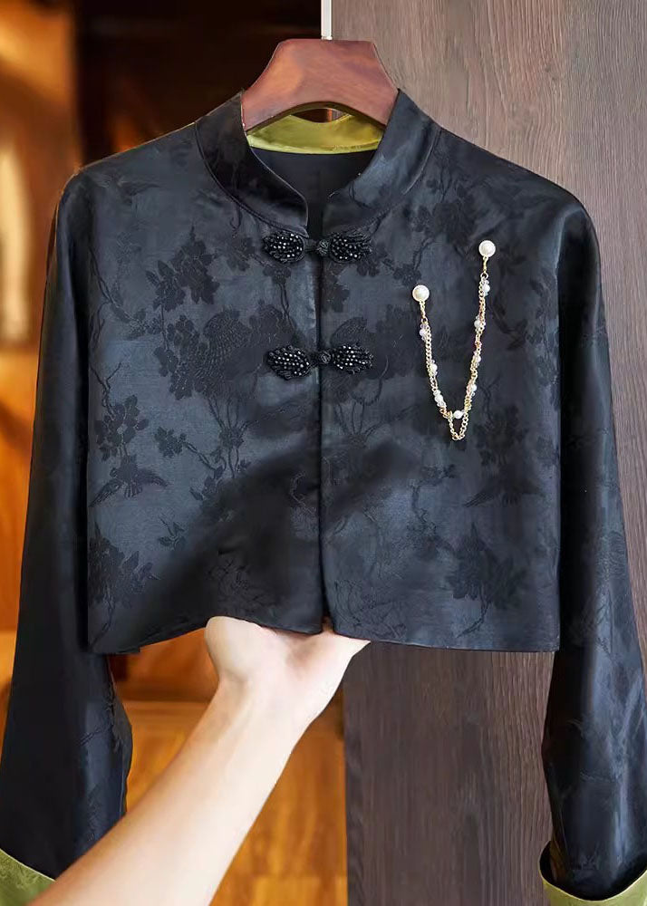 Slim Fit Black Stand Collar Embroidered Button Silk Linen Coat Long Sleeve