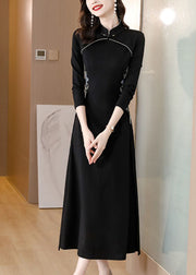 Slim Fit Black Stand Collar Embroidered Patchwork Maxi Dress Fall