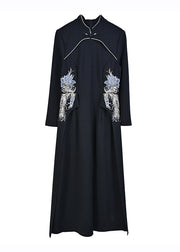 Slim Fit Black Stand Collar Embroidered Patchwork Maxi Dress Fall