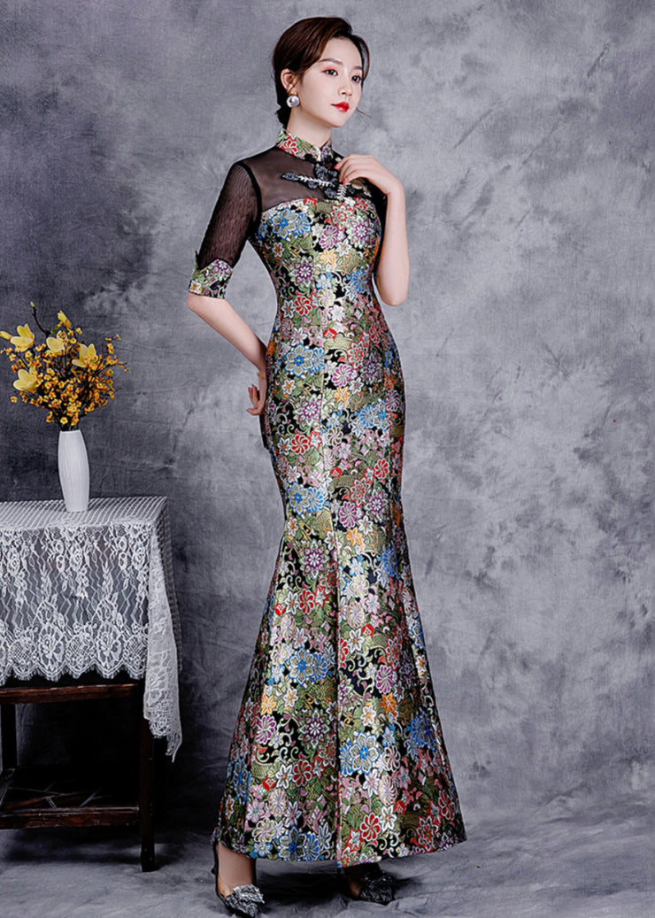 Slim Fit Black Stand Collar Embroidered Patchwork Silk Fishtail Dress Summer