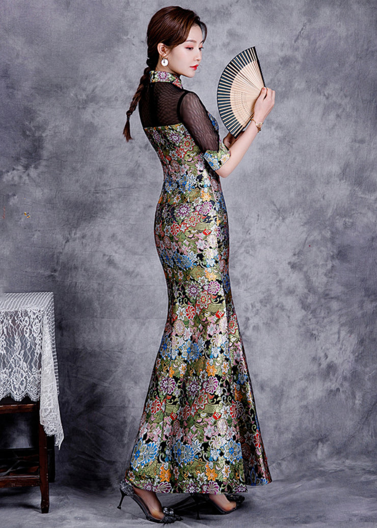 Slim Fit Black Stand Collar Embroidered Patchwork Silk Fishtail Dress Summer