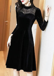 Slim Fit Black Stand Collar Lace Patchwork Silk Velour Party Dress Spring