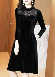 Slim Fit Black Stand Collar Lace Patchwork Silk Velour Party Dress Spring