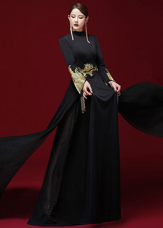 Slim Fit Black Stand Collar Patchwork Silk Mopping Fishtail Maxi Dress Long Sleeve