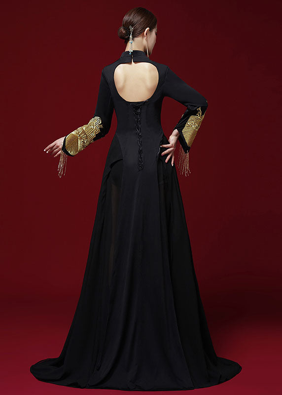 Slim Fit Black Stand Collar Patchwork Silk Mopping Fishtail Maxi Dress Long Sleeve