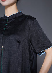 Slim Fit Black Stand Collar Print Tassel Silk Maxi Dress Summer