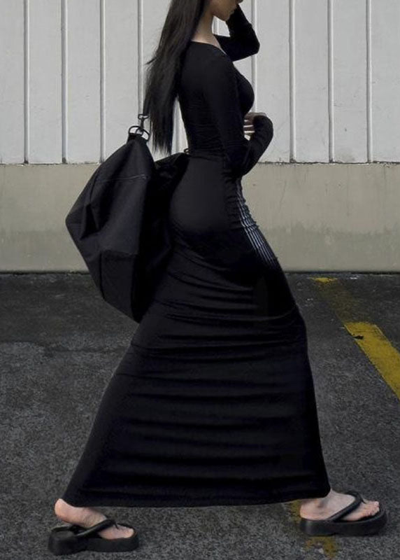 Slim Fit Black U Neck Print Long Dresses Long Sleeve