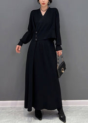 Slim Fit Black V Neck Button Fake Two Pieces Maxi Dresses Fall