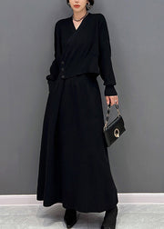 Slim Fit Black V Neck Button Fake Two Pieces Maxi Dresses Fall