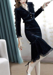 Slim Fit Black V Neck Lace Patchwork Silk Velour Wraped Dress Spring