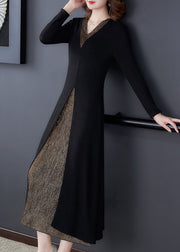 Slim Fit Black V Neck Patchwork Fake Two Pieces Maxi Dress Long Sleeve