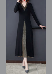Slim Fit Black V Neck Patchwork Fake Two Pieces Maxi Dress Long Sleeve