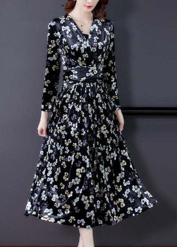 Slim Fit Black V Neck Print Silk Velour Long Dress Spring