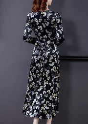 Slim Fit Black V Neck Print Silk Velour Long Dress Spring