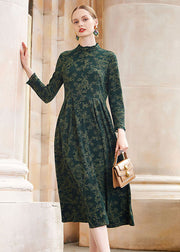 Slim Fit Blackish Green Print Wrinkled High Waist Knit Maxi Dresses Long Sleeve