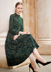 Slim Fit Blackish Green Print Wrinkled High Waist Knit Maxi Dresses Long Sleeve