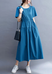 Slim Fit Blue Cinched Patchwork Cotton Maxi Dresses Summer