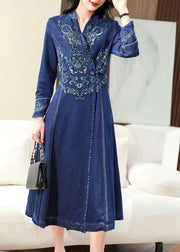 Slim Fit Blue Embroidered Chinese Button Exra Large Hem Denim Dress Spring