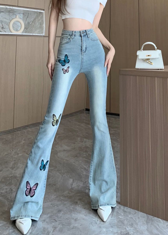 Slim Fit Blue Embroideried Flared Trousers Summer