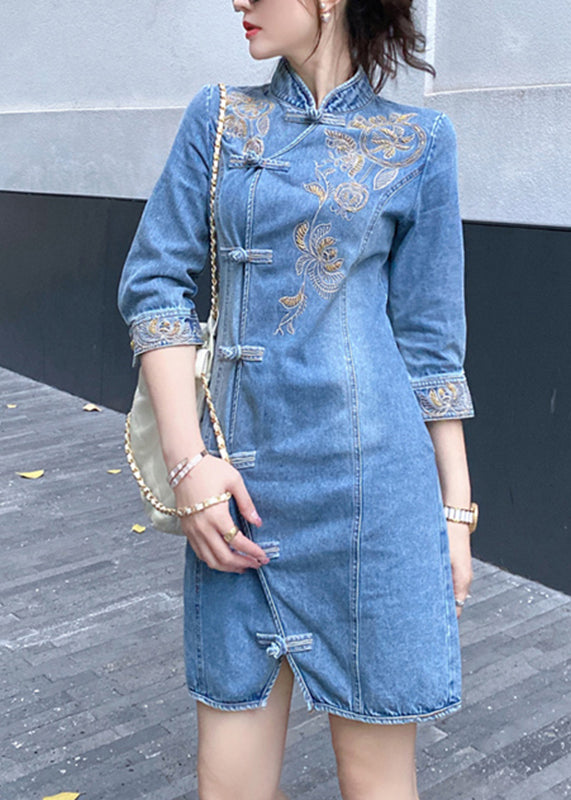 Slim Fit Blue Embroidered Floral Button Denim Mid Dresses Bracelet Sleeve