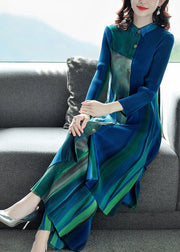 Slim Fit Blue Green Peter Pan Collar Wrinkled Gradient Color Shirt Dress And Straight Pants Two Pieces Set Fall