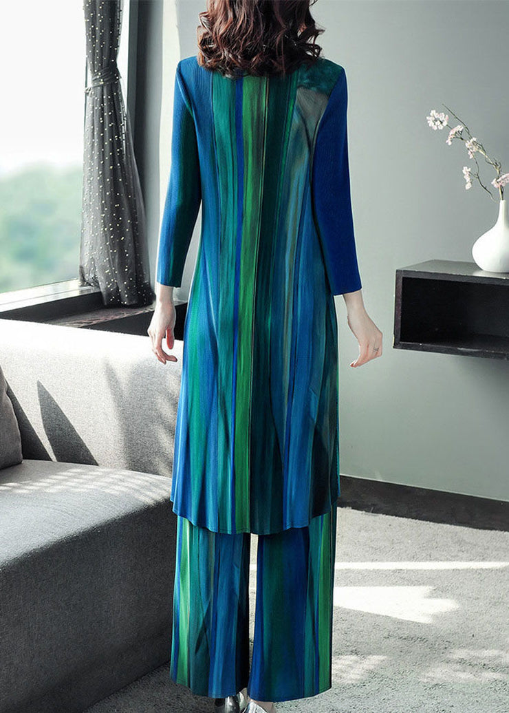 Slim Fit, Blau, Grün, Peter Pan-Kragen, zerknittertes Hemdkleid mit Farbverlauf und gerade Hosen, zweiteiliges Set, Herbst