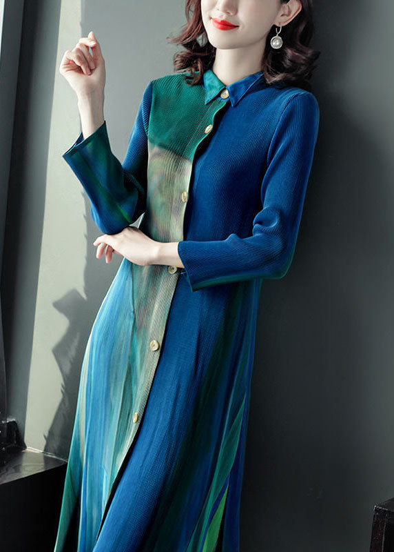 Slim Fit, Blau, Grün, Peter Pan-Kragen, zerknittertes Hemdkleid mit Farbverlauf und gerade Hosen, zweiteiliges Set, Herbst