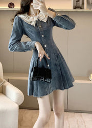 Slim Fit Blue O-Neck Lace Patchwork Button Denim Mid Dress Long Sleeve