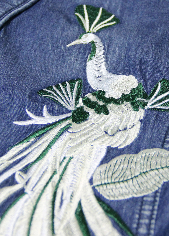 Slim Fit Blue Peter Pan Collar Button Waist retraction Embroidered Cotton Denim Dresses Long Sleeve