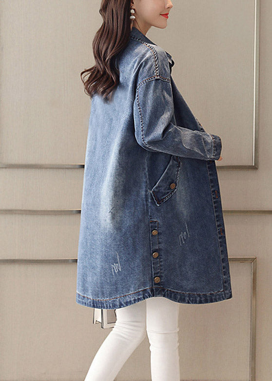 Slim Fit Blue Peter Pan Collar Embroidered Patchwork Button Denim Coat Spring