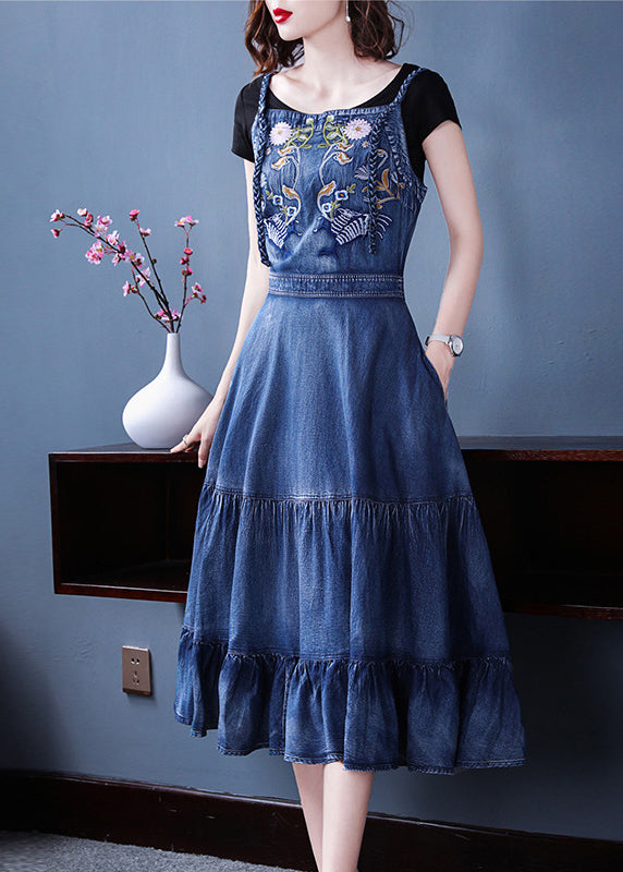 Slim Fit Blue Ruffles Embroidered Spaghetti Strap Cotton Denim Dresses Spring