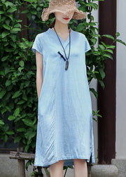 Slim Fit Blue V Neck Pocket Linen Dress Short Sleeve