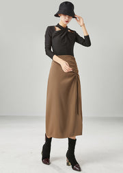 Slim Fit Coffee Cinched Side Open Chiffon Skirt Summer