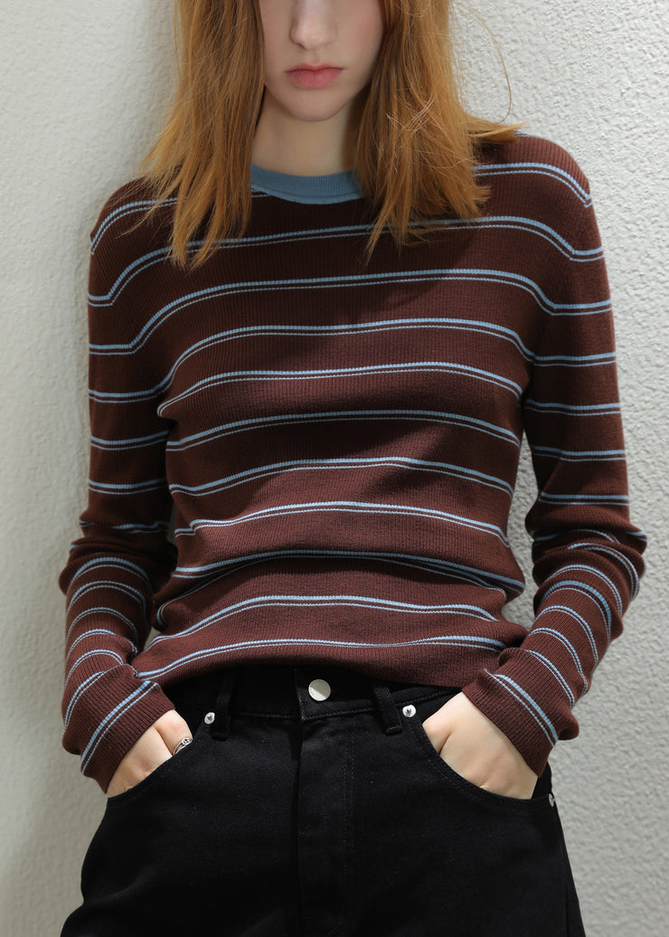 Slim Fit Coffee Striped Patchwork Cozy Knit Tops Fall