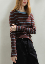Slim Fit Coffee Striped Patchwork Cozy Knit Tops Fall