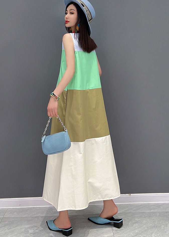 Slim Fit Colorblock O-Neck Patchwork Cotton Holiday Long Dress Sleeveless