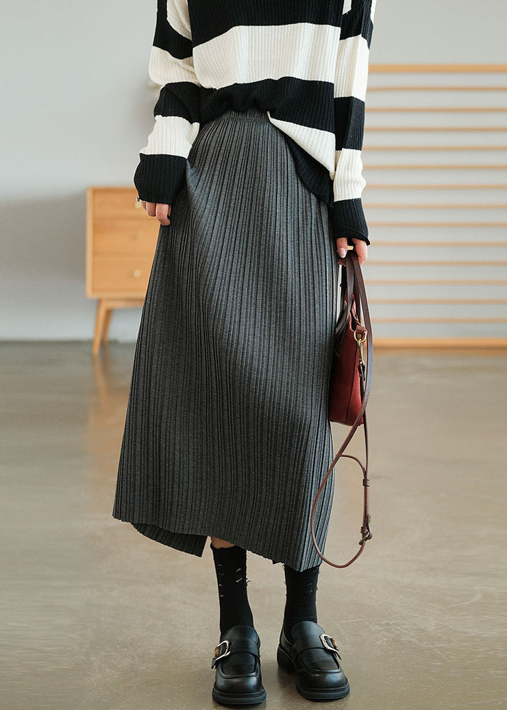 Slim Fit Dark Grey Elastic Waist Cotton Pleated Skirt Winter