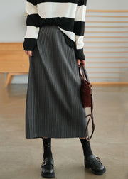 Slim Fit Dark Grey Elastic Waist Cotton Pleated Skirt Winter