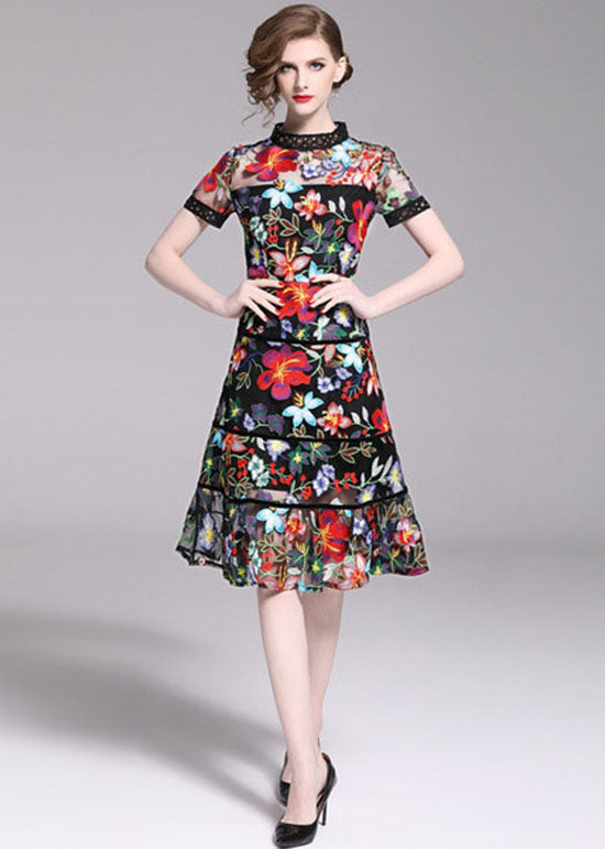 Slim Fit Floral Embroidered Patchwork Tulle Mid Dress Summer