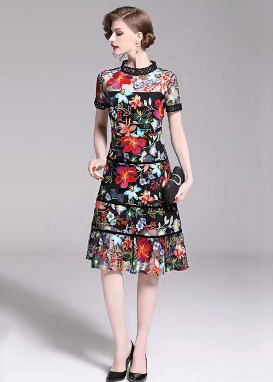 Slim Fit Floral Embroidered Patchwork Tulle Mid Dress Summer