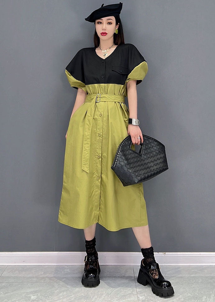 Slim Fit Grün Colorblock V-Ausschnitt Patchwork Schärpen Baumwolle Hemdkleid mit Puffärmeln