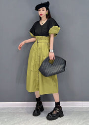 Slim Fit Green Colorblock V Neck Patchwork Sashes Cotton Shirt Dress Puff Sleeve