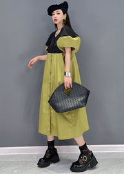 Slim Fit Green Colorblock V Neck Patchwork Sashes Cotton Shirt Dress Puff Sleeve