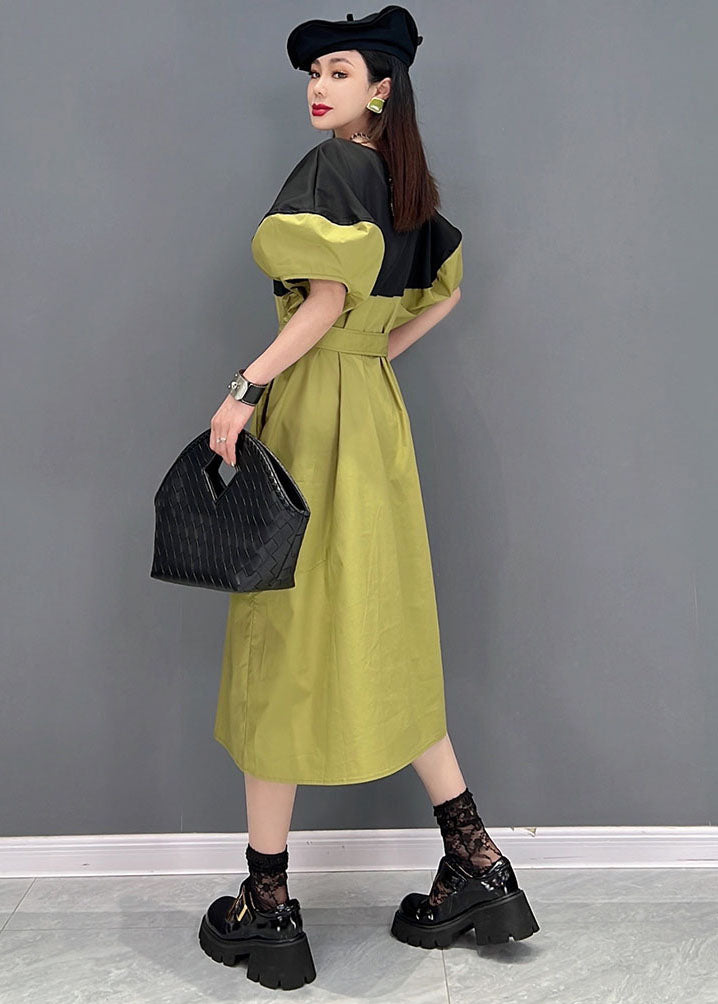 Slim Fit Grün Colorblock V-Ausschnitt Patchwork Schärpen Baumwolle Hemdkleid mit Puffärmeln