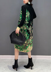 Slim Fit Green Hign Neck Print Knit Dress Winter