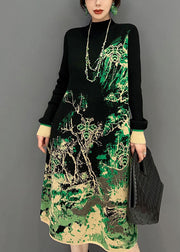 Slim Fit Green Hign Neck Print Knit Dress Winter